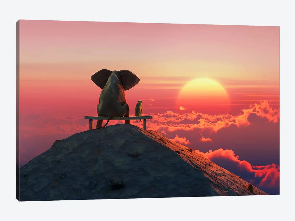 Elephant And Dog Sit On A Mountain Top At Sunset by Mike Kiev 1-piece Canvas Art