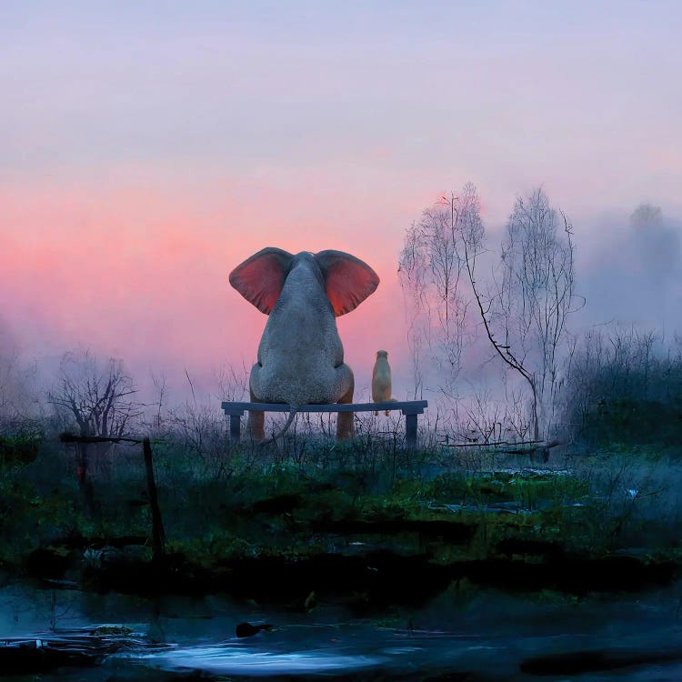 Elephant And Dog Sitting In A Misty Meadow At Dawn