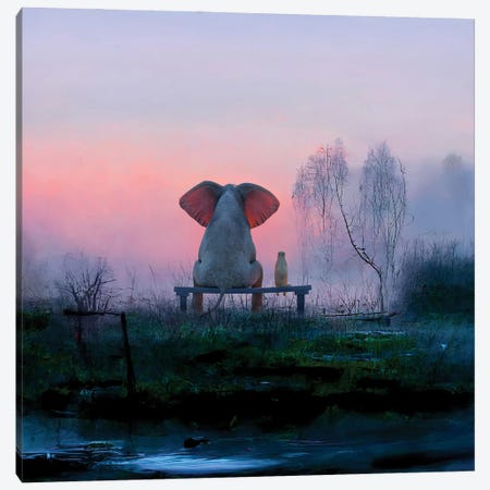 Elephant And Dog Sitting In A Misty Meadow At Dawn Canvas Print #MII345} by Mike Kiev Canvas Art