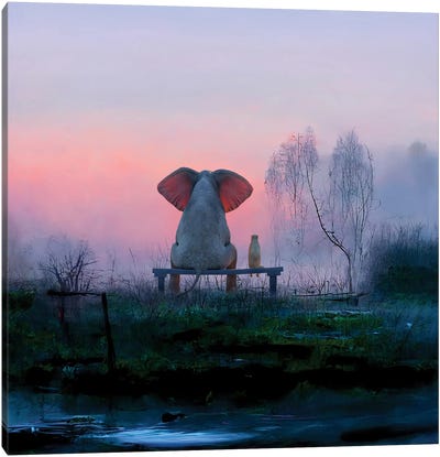 Elephant And Dog Sitting In A Misty Meadow At Dawn Canvas Art Print - Elephant Art