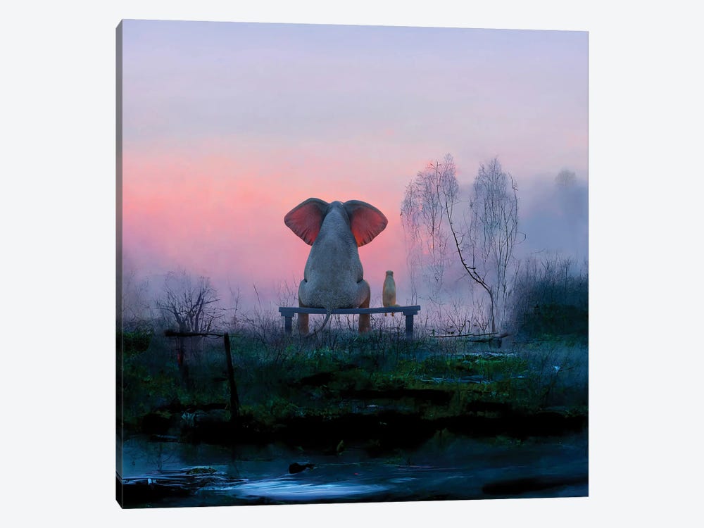 Elephant And Dog Sitting In A Misty Meadow At Dawn by Mike Kiev 1-piece Canvas Art Print