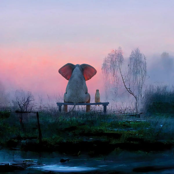 Mike Kiev: Elephant And Dog Sitting In A Misty Meadow At Dawn by Mike Kiev