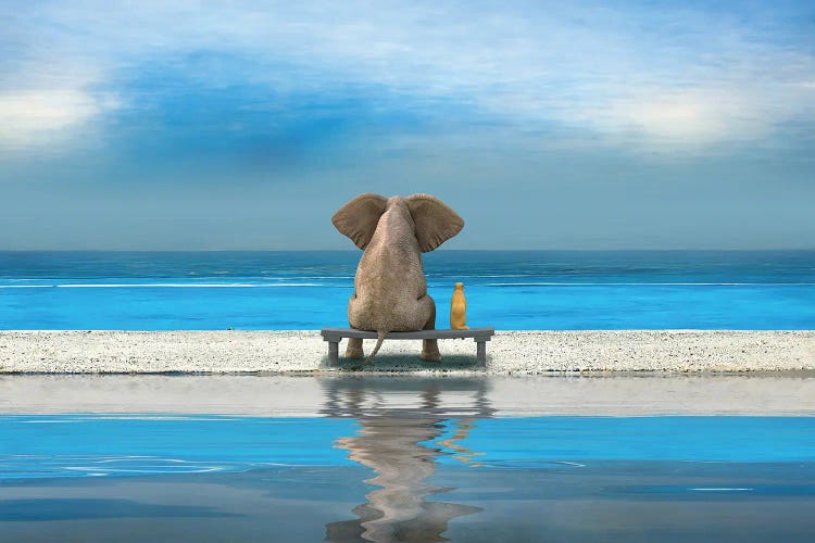 Elephant And Dog Sitting On Sandy Beach by Mike Kiev wall art