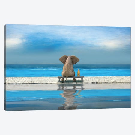 Elephant And Dog Sitting On Sandy Beach Canvas Print #MII346} by Mike Kiev Canvas Wall Art
