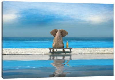 Elephant And Dog Sitting On Sandy Beach Canvas Art Print - Elephant Art
