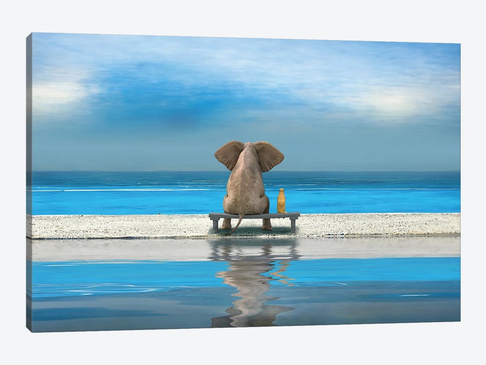 Elephant And Dog Sitting On Sandy Beach by Mike Kiev 1-piece Canvas Artwork