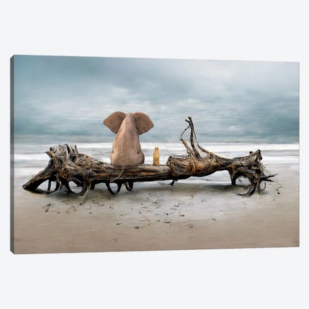 Elephant And A Dog Are Sitting On Driftwood Canvas Print #MII347} by Mike Kiev Canvas Wall Art