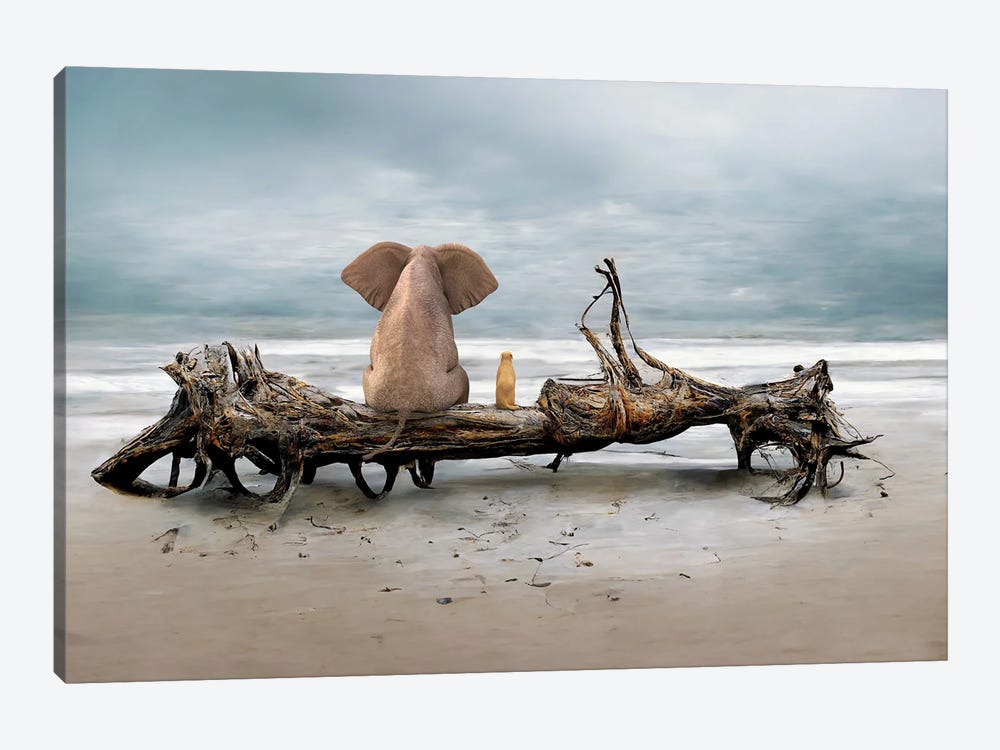 Elephant And A Dog Are Sitting On Driftwood by Mike Kiev 1-piece Canvas Art Print
