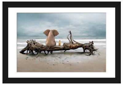 Elephant And A Dog Are Sitting On Driftwood Paper Art Print - Beach Art