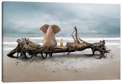 Elephant And A Dog Are Sitting On Driftwood Canvas Art Print - Beach Art