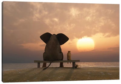 Elephant And Dog Sit On A Summer Beach At Sunset Canvas Art Print - Humor Art