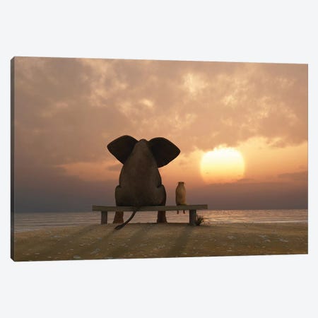 Elephant And Dog Sit On A Summer Beach At Sunset Canvas Print #MII34} by Mike Kiev Canvas Print