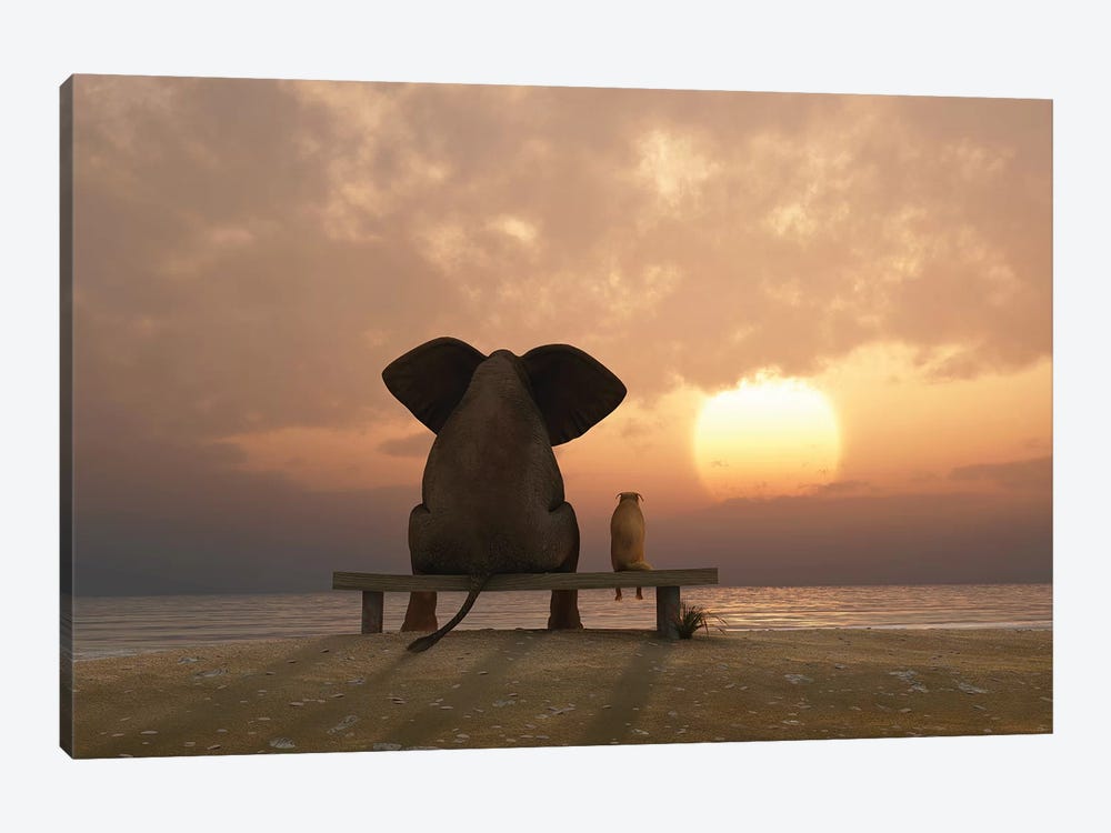 Elephant And Dog Sit On A Summer Beach At Sunset by Mike Kiev 1-piece Canvas Art Print