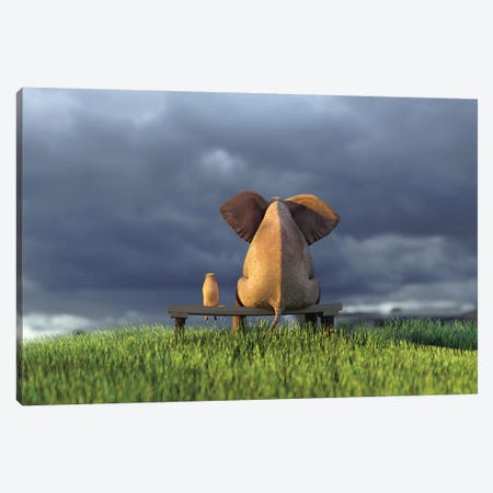 Elephant And Dog Sit On Green Grass Field Canvas Print #MII35} by Mike Kiev Canvas Print