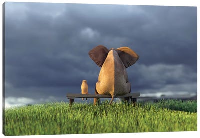 Elephant And Dog Sit On Green Grass Field Canvas Art Print - Kids' Space