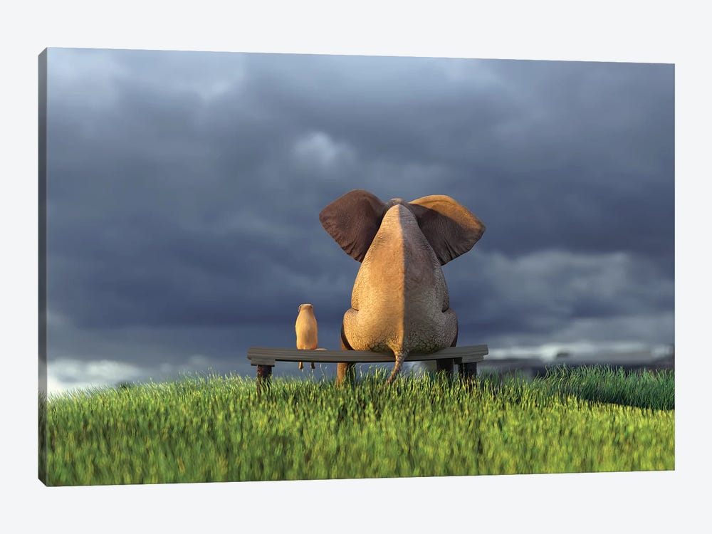 Elephant And Dog Sit On Green Grass Field by Mike Kiev 1-piece Canvas Artwork
