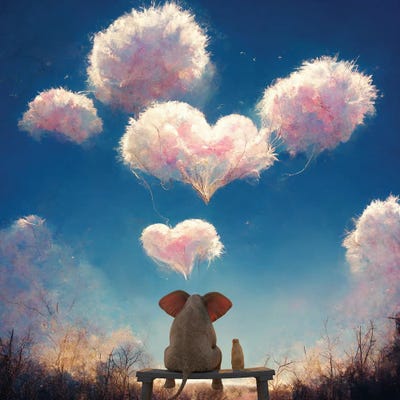 Elephant And Dog Look At Fluffy Clouds II by Mike Kiev art print
