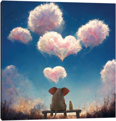 Elephant And Dog Look At Fluffy Clouds II Canvas Art Print - Mike Kiev