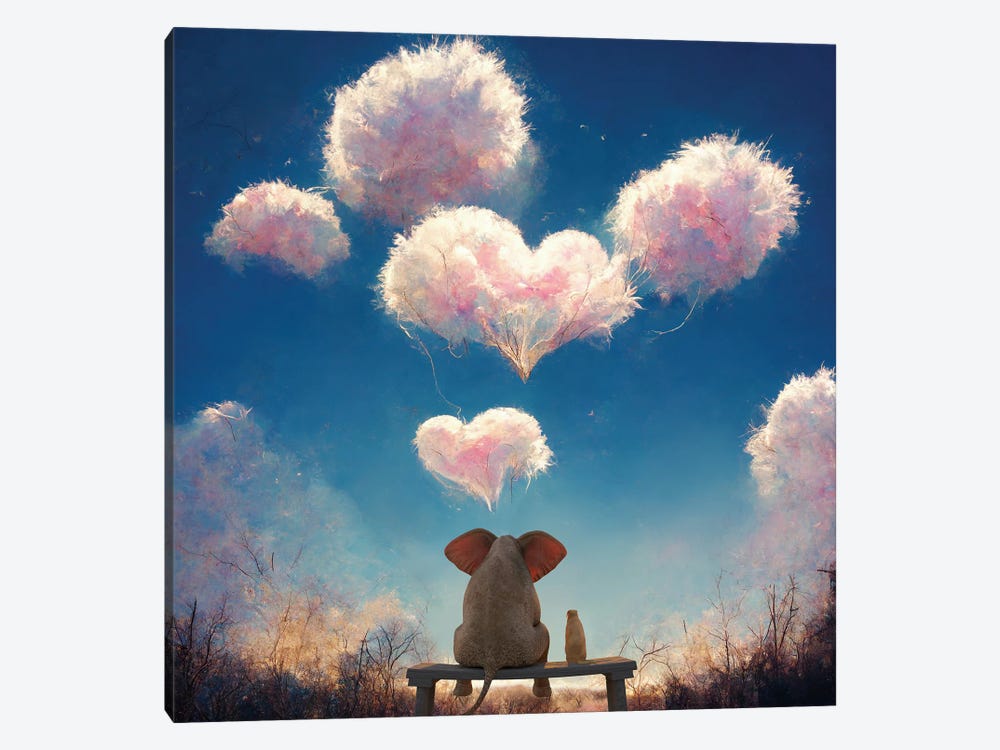 Elephant And Dog Look At Fluffy Clouds II by Mike Kiev 1-piece Art Print