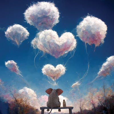 Elephant And Dog Look At Fluffy Clouds by Mike Kiev art print