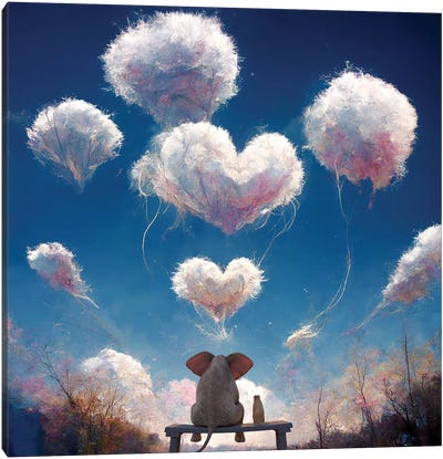 Elephant And Dog Look At Fluffy Clouds Canvas Art Print - Mike Kiev