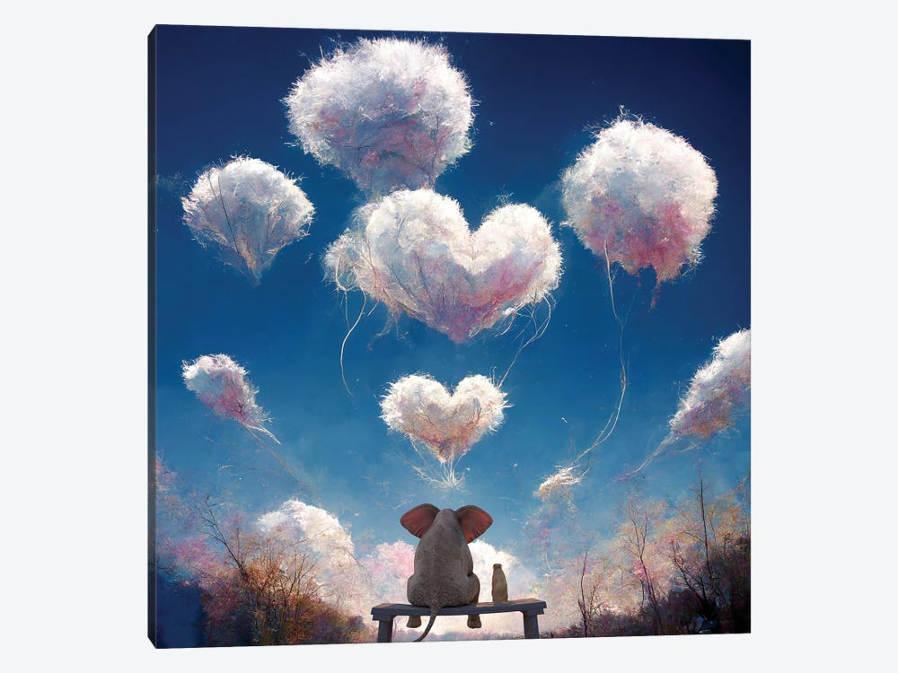Elephant And Dog Look At Fluffy Clouds by Mike Kiev 1-piece Canvas Wall Art