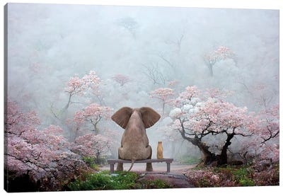 Elephant And Dog In Japanese Garden Canvas Art Print - Animal & Pet Photography