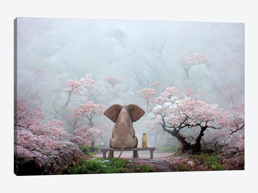 Elephant And Dog In Japanese Garden by Mike Kiev 1-piece Art Print