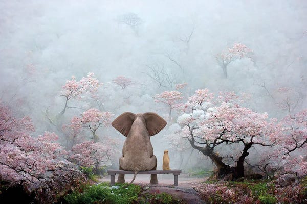 Elephants: Elephant And Dog In Japanese Garden by Mike Kiev