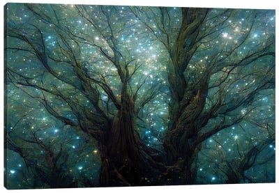 Bare Tree And Fireflies Canvas Art Print - Mike Kiev