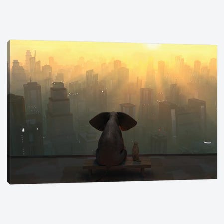 Elephant And Dog Sit On The Roof Of A Skyscraper Canvas Print #MII36} by Mike Kiev Canvas Print