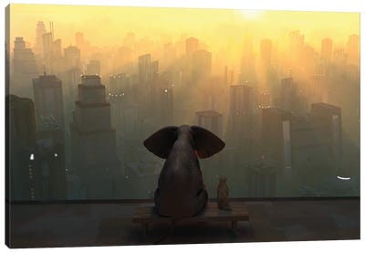 Elephant And Dog Sit On The Roof Of A Skyscraper Canvas Art Print - Mike Kiev