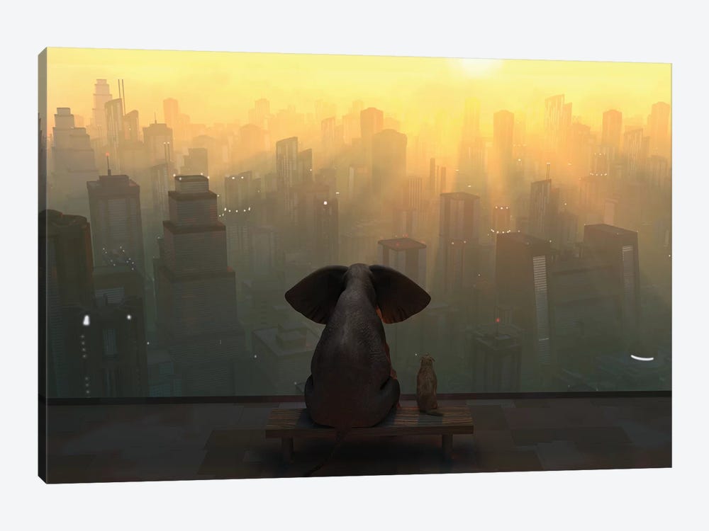 Elephant And Dog Sit On The Roof Of A Skyscraper by Mike Kiev 1-piece Canvas Art Print
