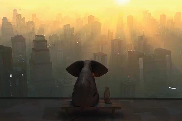 Mike Kiev: Elephant And Dog Sit On The Roof Of A Skyscraper by Mike Kiev