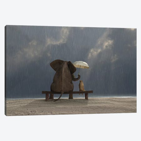 Elephant And Dog Sit Under The Rain Canvas Print #MII37} by Mike Kiev Art Print