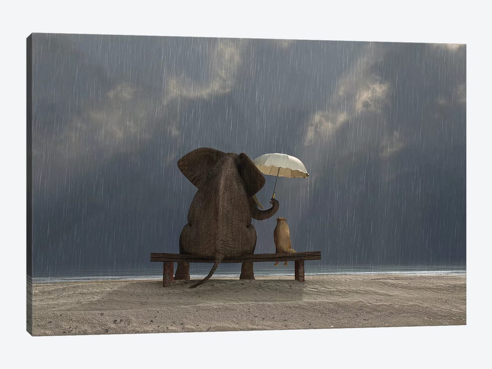 Elephant And Dog Sit Under The Rain by Mike Kiev 1-piece Canvas Wall Art