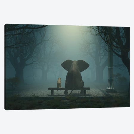 Elephant And Dog Sitting In A Gloomy Park Canvas Print #MII38} by Mike Kiev Canvas Artwork