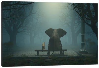 Elephant And Dog Sitting In A Gloomy Park Canvas Art Print - Mike Kiev