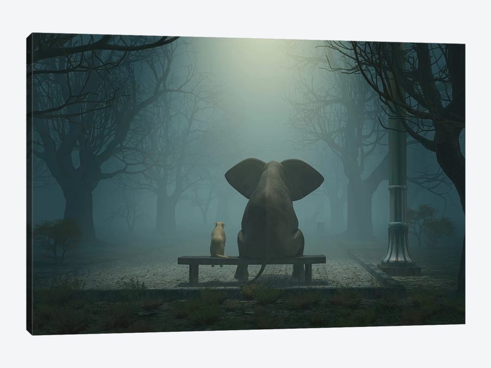 Elephant And Dog Sitting In A Gloomy Park by Mike Kiev 1-piece Canvas Print