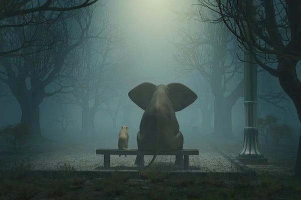 Elephants: Elephant And Dog Sitting In A Gloomy Park by Mike Kiev