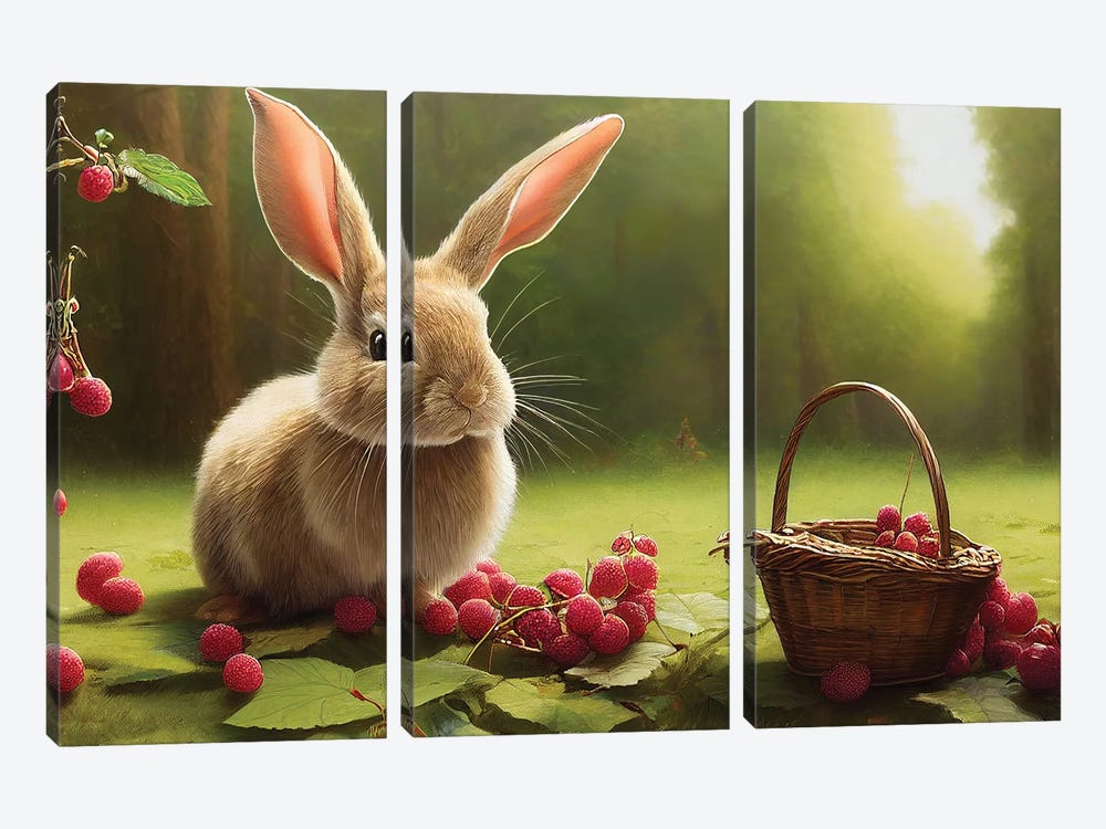 Rabbit And Berry IV by Mike Kiev 3-piece Canvas Wall Art