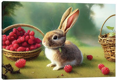 Rabbit And Berry Canvas Art Print - Mike Kiev
