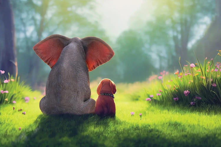 Elephant And Dog Sit On A Green Meadow III by Mike Kiev wall art