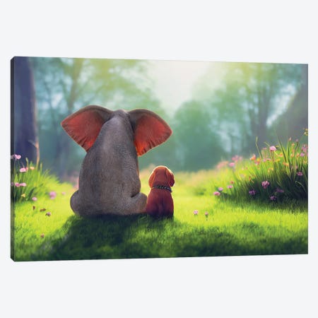 Elephant And Dog Sit On A Green Meadow III Canvas Print #MII396} by Mike Kiev Canvas Print