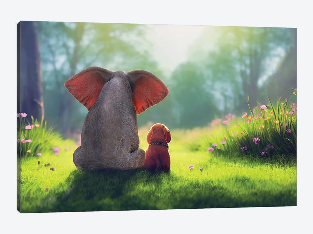 Elephant And Dog Sit On A Green Meadow III by Mike Kiev 1-piece Canvas Print