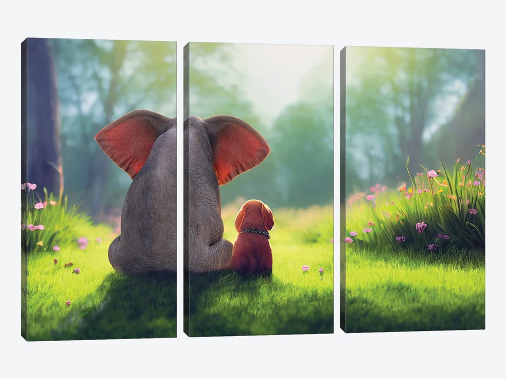 Elephant And Dog Sit On A Green Meadow III by Mike Kiev 3-piece Canvas Print