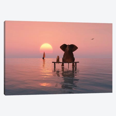 Elephant And Dog Sitting In The Sea Canvas Print #MII39} by Mike Kiev Canvas Artwork