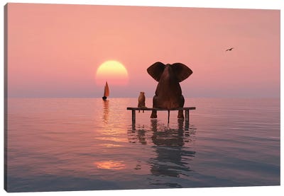 Elephant And Dog Sitting In The Sea Canvas Art Print - Lake & Ocean Sunrise & Sunset Art