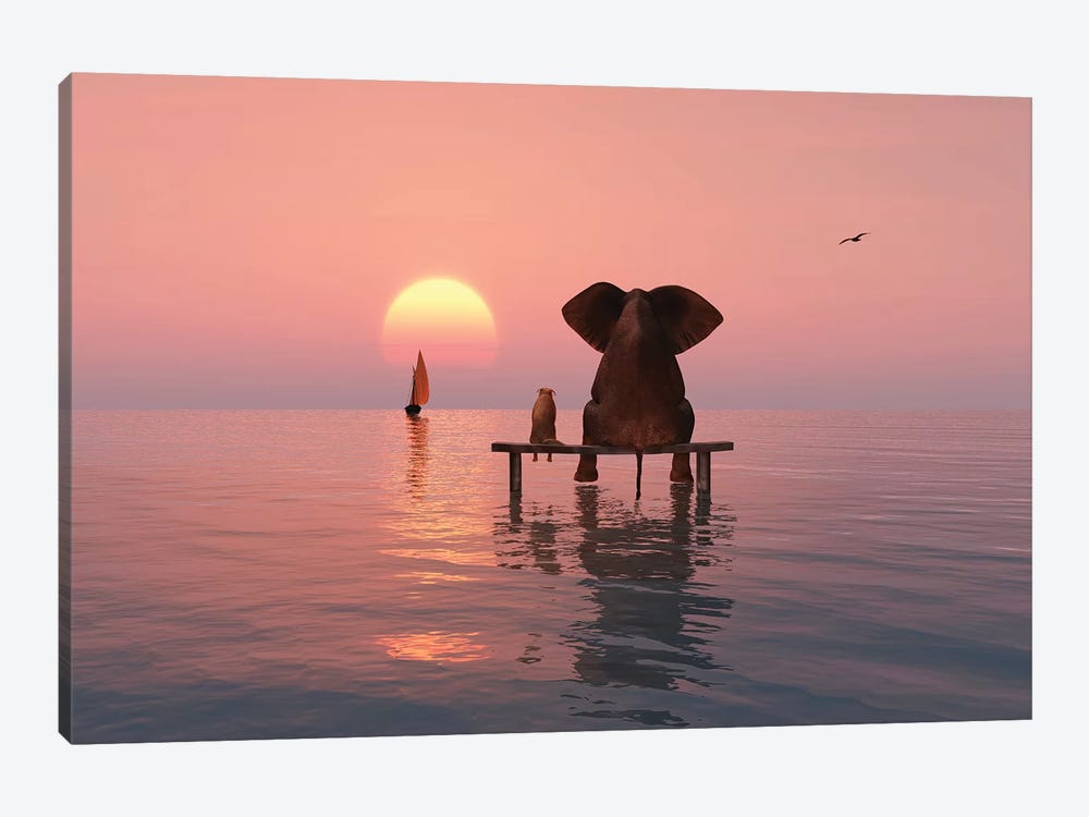 Elephant And Dog Sitting In The Sea by Mike Kiev 1-piece Canvas Artwork