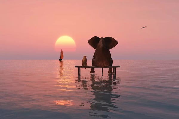 Elephants: Elephant And Dog Sitting In The Sea by Mike Kiev